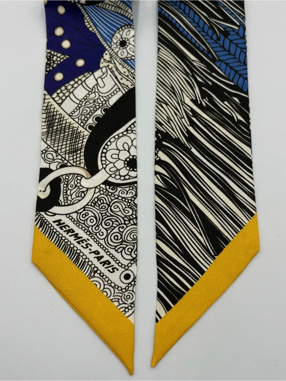 Hermès Twilly Navy Black White Yellow Equestrian Patchwork Scarf Ribbon - Picture 3 of 6